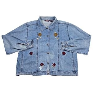 Agapo Women's Denim Jacket Embroidered Flowers L Button Up Cottagecore Western